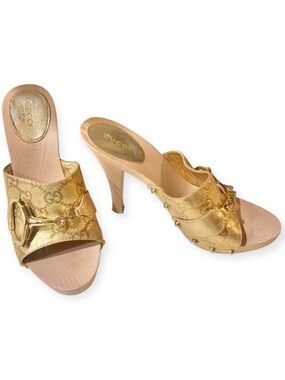Gucci Y2K Gold Logo Icon Bit Guccissima Horsebit Wooded Heel Sandals Mules 7 1/2